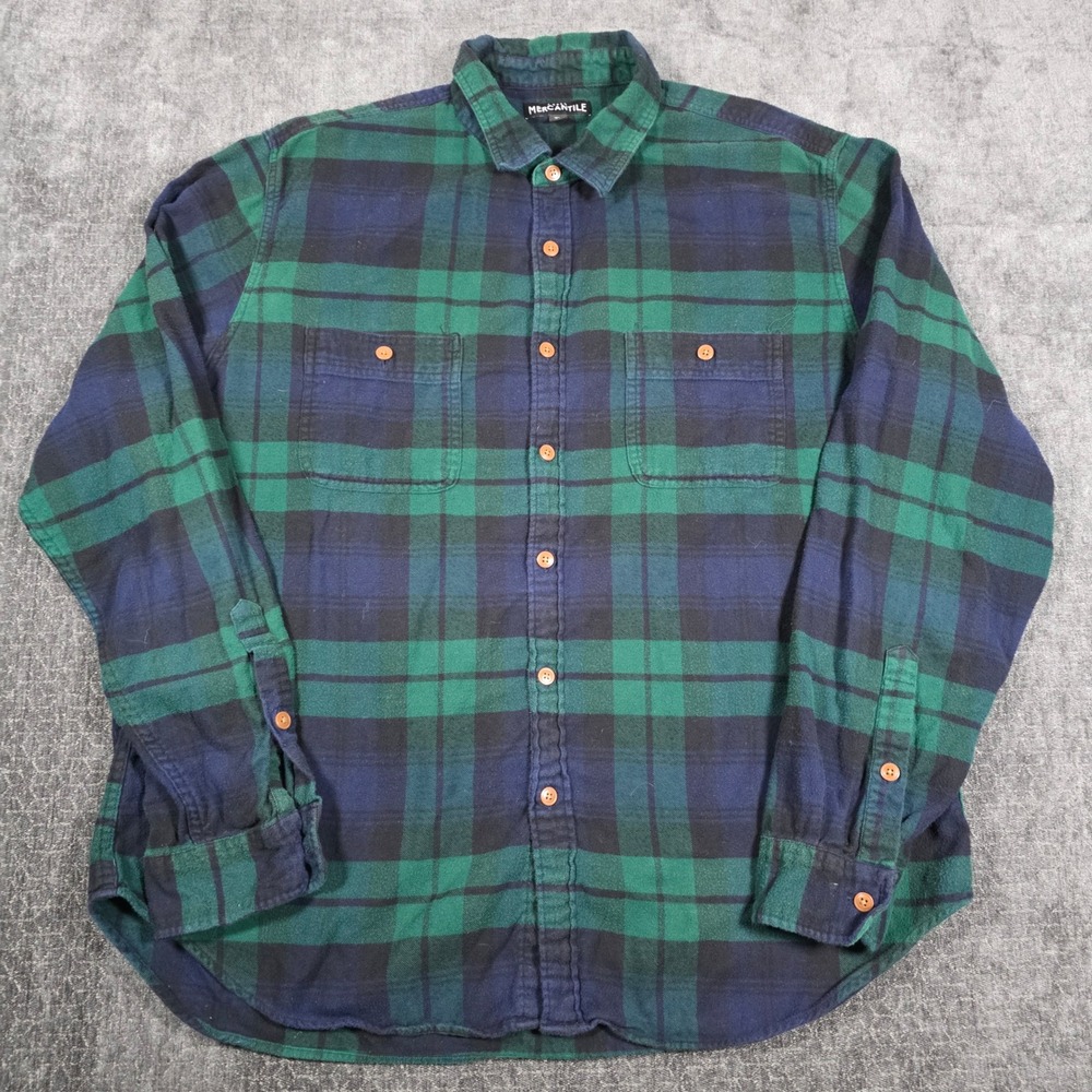 J.Crew Mercantile Mens XL Green Navy Blue Blackwatch Plaid Flannel Button Shirt